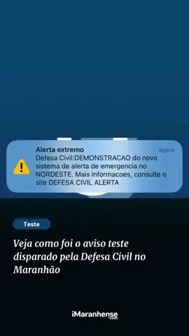No início da tarde deste sábado (14), por volta das 16h, moradores de diversos municípios do Maranhão foram 'surpreendidos' com um alerta sonoro disparado em seus celulares. A mensagem fazia parte do teste oficial do novo sistema Defesa Civil Alerta, que visa avisar a população em situações de risco e desastres naturais. Mesmo com os celulares no modo silencioso, o alerta foi emitido com som e texto, chamando atenção e demonstrando a força da nova ferramenta. A ação, segundo os responsáveis pela Defesa Civil, teve como objetivo testar a eficiência da tecnologia que funcionará em casos reais de emergência. O aviso não exigia aplicativo instalado nem cadastro prévio, sendo compatível com redes 4G e 5G. Entre os municípios contemplados com o teste estavam São Luís, Paço do Lumiar, Imperatriz e Trizidela do Vale, além de regiões próximas. A iniciativa faz parte de uma estratégia nacional de prevenção e resposta a desastres, garantindo que a população receba informações com rapidez e precisão em momentos críticos.  🔔 l Leia a matéria completa em imaranhense.com e siga @iMaranhense em todas as plataformas digitais. 🔎 hashtags: #imaranhense #noticias #news #saoluis #maranhao #slz #politica #urgente #nordeste © Vídeo: iMaranhense