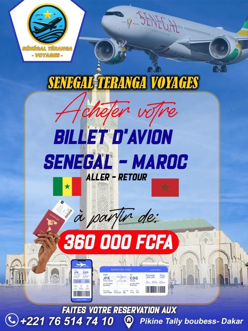 acheter votre billet d'avion Maroc aller-retour à partir 360 000 Frs chez SÉNÉGAL TÉRANGA VOYAGES ✈️🌎🧳