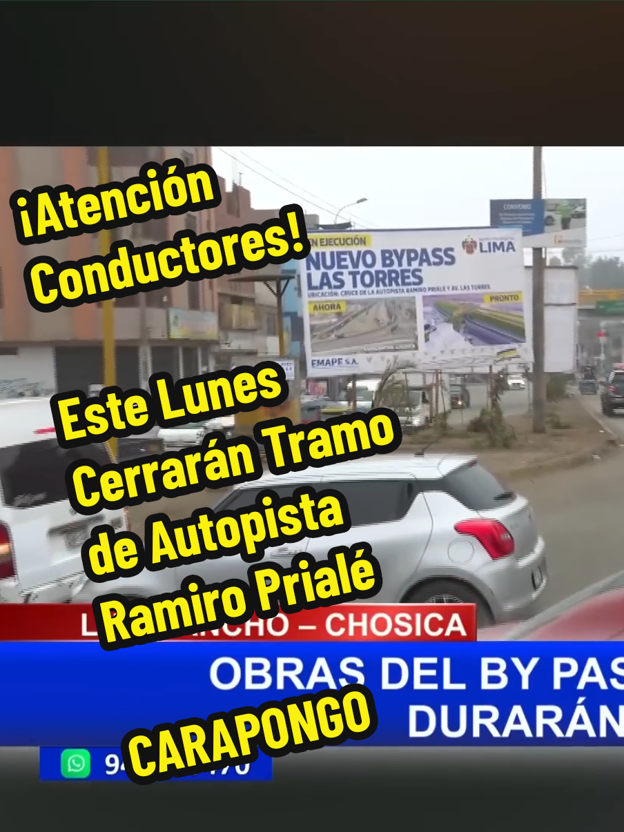 ¡ATENCIÓN, CONDUCTORES! ESTE LUNES CERRARÁN TRAMO DE AUTOPISTA RAMIRO PRIALÉ  La Empresa Municipal de Apoyo a Proyectos Estratégicos (Emape) iniciará este lunes la construcción de un nuevo bypass en la autopista Ramiro Prialé, en el tramo correspondiente a Lurigancho-Chosica. El objetivo de la obra es mejorar la fluidez vehicular mediante una estructura vial que pasará por encima de la avenida Las Torres. La vocera de Emape, Stephanie Moller, explicó que el proyecto consiste en dos puentes con una longitud de 422 metros y carriles de 3.5 metros de ancho. “La finalidad es descentralizar el tráfico que se forma en la conexión entre Prialé y Las Torres”, indicó durante la presentación del plan. Según el plan de desvío, los conductores que se dirigen de Lima hacia Chosica deberán ingresar por Ramiro Prialé, tomar la vía Carapongo y luego continuar hacia Chosica. En sentido contrario, de Chosica a Lima, el tránsito no tendrá interferencias. INVERSIÓN Por el inicio de la construcción, se ha dispuesto el cierre parcial de la vía por un periodo de ocho meses. La inversión para la ejecución de esta obra asciende a S/115 millones y forma parte del conjunto de proyectos viales impulsados por la Municipalidad de Lima para reducir la congestión en las principales vías de ingreso y salida de la capital.