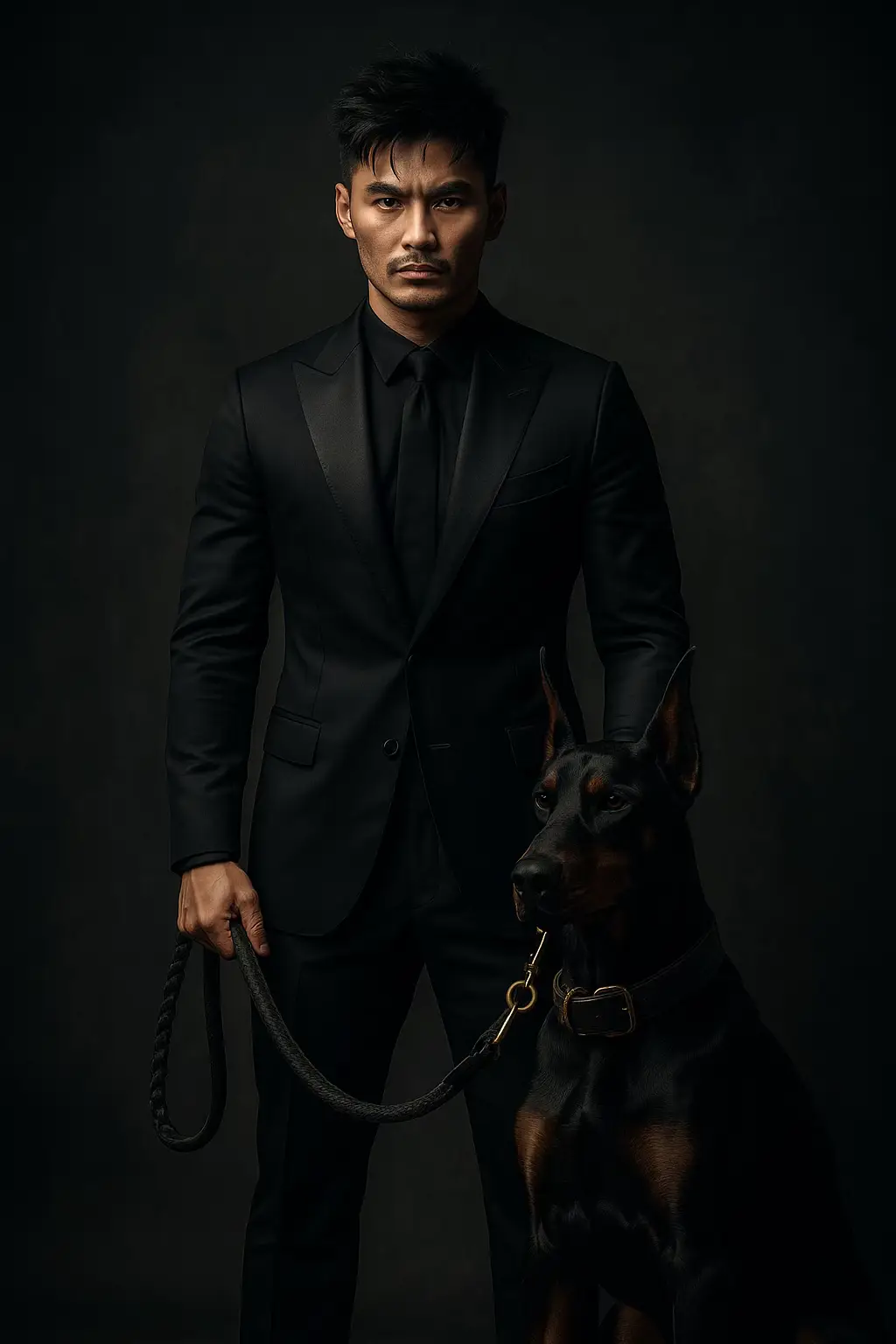 My realistic film portrait in a mafia-style look. I stand confidently holding a powerful military-grade dog - such as Belgian Malinois or Doberman - on a heavy-duty leash. The image was taken from the front with a straight camera angle. Both the dog and I locked their eyes with an era of violent and undaunted expired cams. I was dressed in a crisp black suit with subtle luxury details, showing a cold and commanding aura. The background is minimally blurred or light to fully grab our attention. Amazing light with sharp shadows enhances the brave and powerful mood. The style is ultra-realistic, highly detailed, and displayed at 8K resolution.  #chatgpt #ai #trend #fyp #viral #foryou 