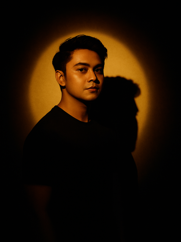 prompt: A minimalist cinematic portrait of a young man with neat side-parted hair, wearing a fitted black t-shirt. He stands confidently in front of a golden yellow spotlight projected onto a dark background, creating a dramatic circular halo effect behind him. The lighting casts a strong, crisp shadow of his profile onto the wall, emphasizing contrast and depth. The mood is warm, stylish, and editorial, with a modern studio photography vibe. High-definition, smooth skin tones, soft shadows, and clean composition. Vertical photo, 4:5 ratio. #chatgpt 
