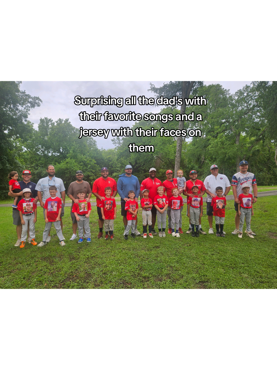 Our tournament got rained out so we still made sure to surprise the dad's with their favorite songs for each kiddo's walk up song and a jersey they were going to wear during their games with their dad's faces on them 🥰 Happy Father's Day to all the wonderful dads and coaches on our team 💙 #baseball #travelbaseball #baseballfamily #sportsmom #baseballmom 