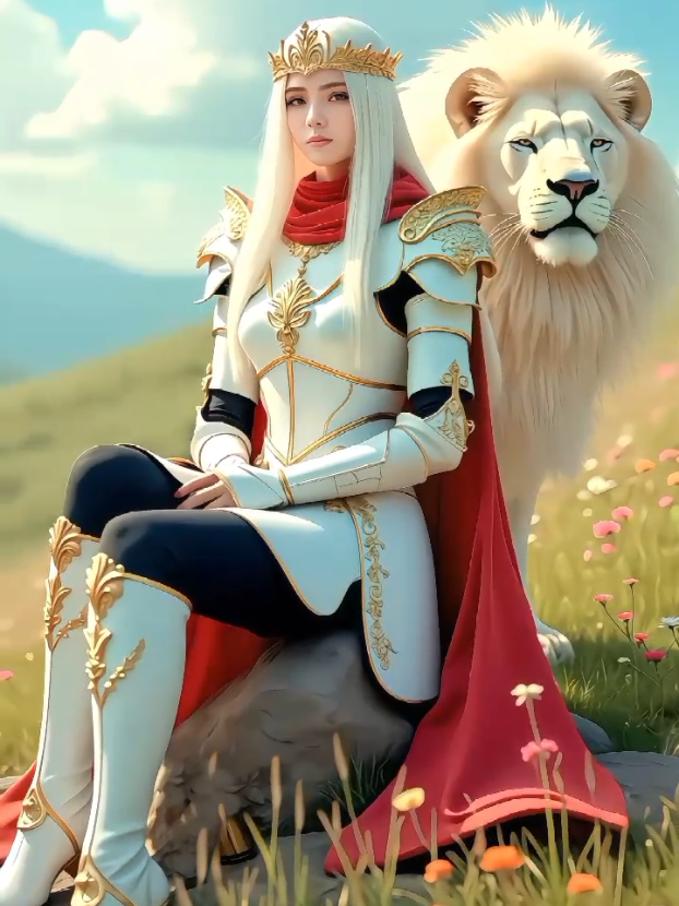 The Guardian of the Royal Valley.Queen lion #queen #lion #fantasy #fantasyart #fantasyvibes   #highfantasy #epicscene #kingdom #medievaltimes #aiart #foryou #whitelion #vibe 