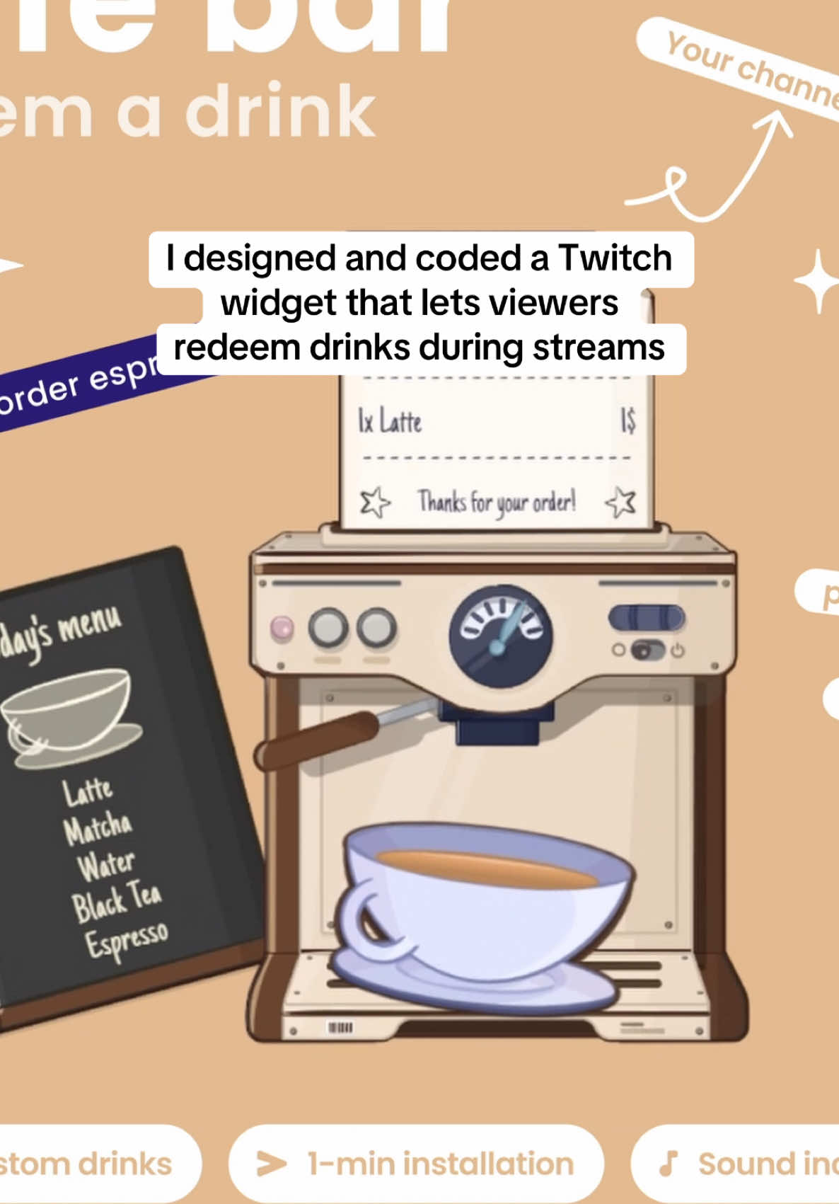 This widget lets viewers redeem drinks during stream! Also, it's customizable and works with subs, bits, donos, commands or channel points.  Available now on my etsy shop thecozydeck.etsy.com or link in bio! #twitch #twitchstreamer #vtuber #twitchoverlay #widget #streaming #smallstreamer