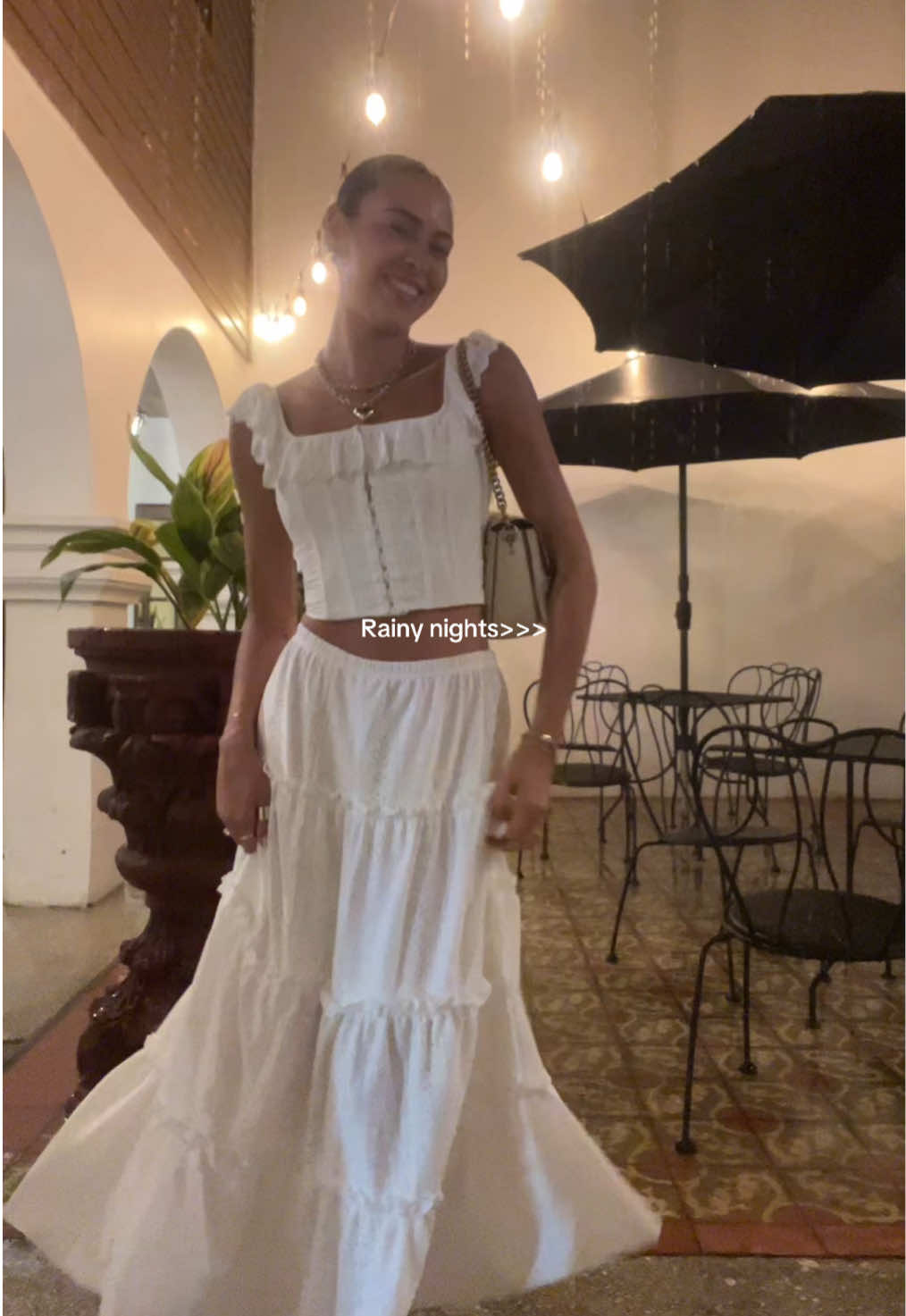 I won’t lie I love rain at night 🌧️ #rain #corset #corsettop #skirt #maxiskirt #outfitinspo #fypage #vacationoutfits #tiktokshopcreatorpicks 