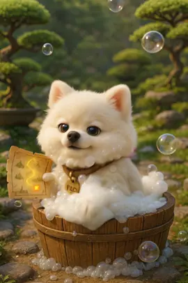 Bubble Trap in the Bonsai Garden Prompt : A 10-second 3D animation of a fluffy white Pomeranian named Pao, walking curiously through a peaceful miniature bonsai garden. He follows a glowing treasure map in his paw, but suddenly steps on a hidden soap bubble trap. He slips comically and tumbles into a giant wooden tub filled with foamy soap bubbles. As bubbles float around, Pao pops his head out with a cute, embarrassed smile. The scene is warm, playful, and magical, with soft ambient garden sounds and sparkling bubbles. Vertical 9:16 format, ultra-realistic cute style. #fluffyfriendsstories #FluffyQuest #PaoThePom #BubbleTrap #CuteDogAdventure #BonsaiGardenMagic #FunnyDogMoment #TikTokDog #DogStorySeries #3DAnimation #WholesomeContent