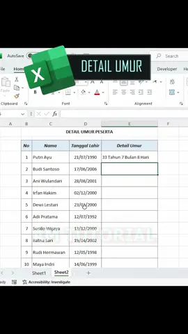 📊 TUTORIAL CEPAT! Cuma butuh 1 rumus simpel di Excel buat hitung umur secara otomatis! ⏱ Cocok buat data siswa, karyawan, atau formulir digital! 💡 Bisa kamu coba langsung di Excel 🔥 Nggak perlu ribet, cukup 1 menit paham! 📌 Save dulu, siapa tahu nanti butuh! 👨‍🏫 #TutorialExcel #BelajarExcel #ExcelTips #CaraHitungUmur #ExcelIndonesia #FYP #TutorialCepat
