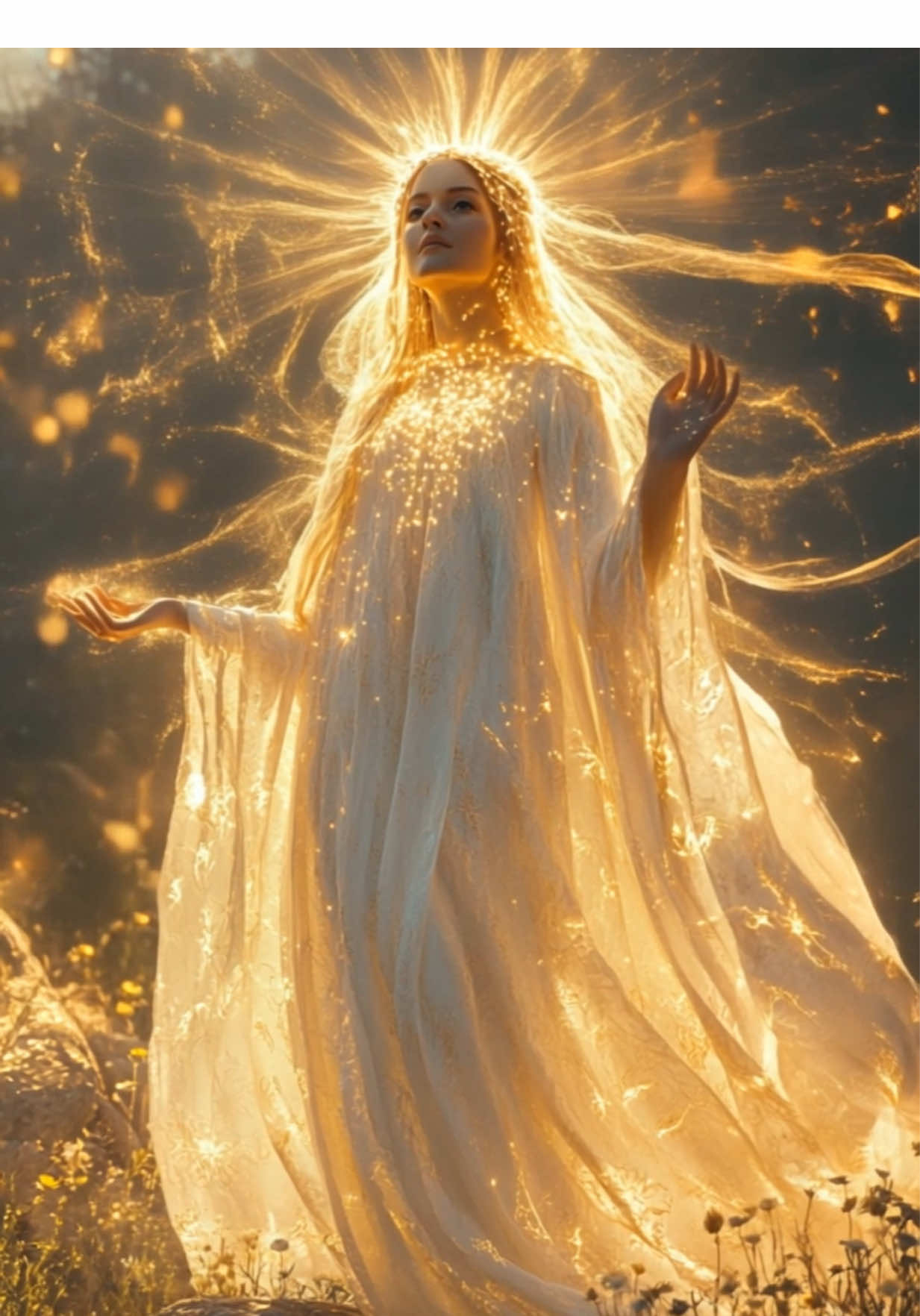 🌞 Goddess of Light at the edge of the world… Bathed in golden radiance, she emanates warmth, strength, and wisdom. Her gaze is like the dawn, her presence like the light that awakens the soul. ✨ Feel her energy — like and share with those who believe in the magic of light!  #lightgoddess #goddessvibes #fantasyscene #cinematicmagic #etherealbeauty #sunlitpower #auraoflight #mythical #divinepresence #beautysimulations 