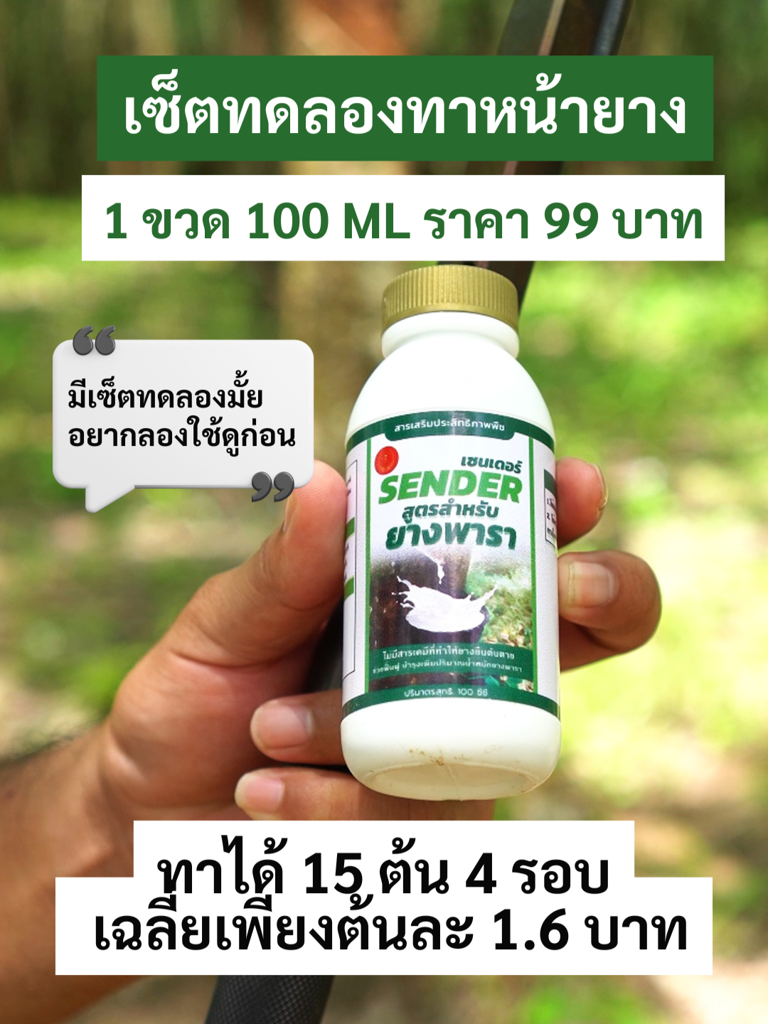 เซ็ตทดลองทาหน้ายาง 1 ขวด 100 ML ราคา 99 บาท อยากรู้ว่าใช้ดีจริงมั้ย? เรามีเซ็ตทดลองให้ลองก่อน SENDER ขนาด 100 ML ราคาเพียง 99 บาท ทาได้ 15 ต้น × 4 รอบ เฉลี่ยต้นละ 1.6 บาทเท่านั้น ✔️ ทาเช้าก่อนกรีด ยางจะไหลเร็ว ไหลแรง ✔️ ฟื้นต้นโทรม ยางหยุดไหลให้กลับมาผลิตอีก ✔️ เห็นผลตั้งแต่ใช้ครั้งแรก 📦 พิเศษ! ใช้คู่กับ “สีทอง” พ่นก่อนเปิดกรีด ช่วยให้เปลือกฟื้นเร็ว ระบบน้ำยางทำงานดี น้ำหนักเพิ่มไว 🛒 ทักเลย รับชุดทดลองพร้อมคู่มือใช้งาน #SENDER #สีทอง #TheKingCrop #ยาทาหน้ายาง #เซ็ตทดลอง #ยางไหลดี #เกษตรแม่นยำ #ยางพาราฟื้นฟู