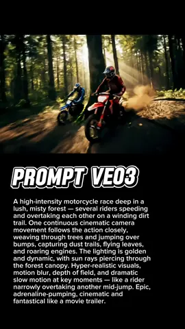 Bikin prompt di veo3 untuk cinematic shoot. Kita coba yang motocross gaess. #prompterchallenge #prompt #geminiveo3 #veo3 #ai #artificelintelligence #motocross #forest #cinematic #champion 