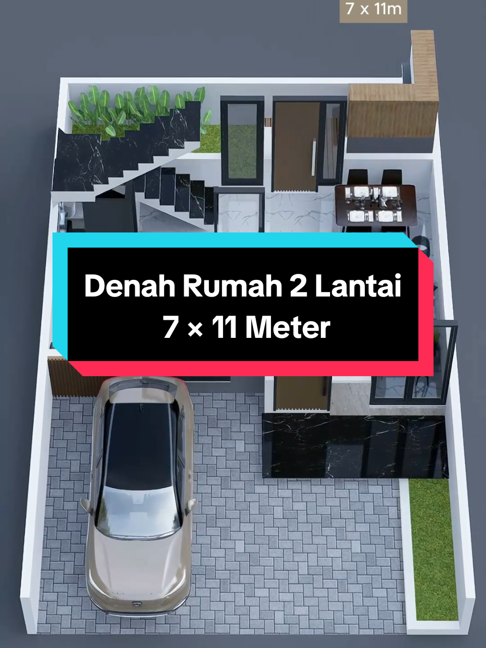 Denah Rumah 2 Lantai . 7 × 11M . Ruang Tamu, Ruang Keluarga, 3 Kamar Tidur, Ruang Makan, Dapur, 2 Kamar Mandi, dilengkapi dengan Carport, Balkon dan Taman Belakang . #ruangdenah #rumah #denah #denahrumah #desainrumah #rumahidaman #rumahimpian #fyp #xyzbca 