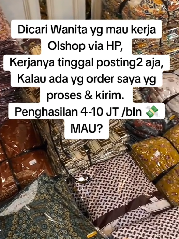 Dicari Wanita yg mau kerja Olshop via HP, Kerjanya tinggal posting2 aja,Kalau ada yg order saya yg proses & kirim. Penghasilan 4-10 JT /bln 💸 MAU? #bisnis #bisnisonline #bisnisanakmuda #bisnisrumahan #bisnismudah #peluangusaha #peluangbisnis #indonesia #pengusaha #usaha #bisnisberkah #sukses #viral #pengusahamuda #umkm #motivasi #paytren #onlineshop #jakarta #bisnishalal #tipsbisnis #bisnismurah #investasi #entrepreneur #bisnisdigital #like #reseller #jualan #bisniskeren #bisnissukses