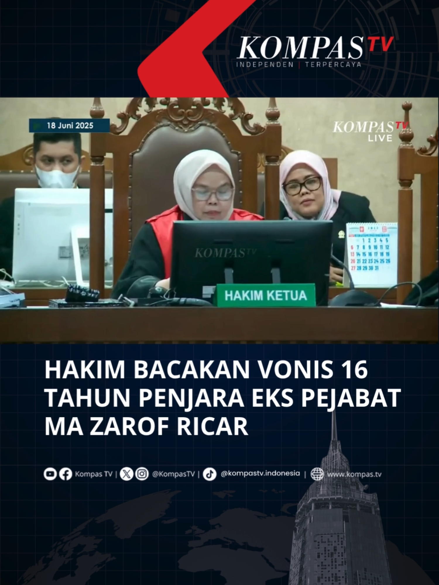 Mantan pejabat Mahkamah Agung (MA), Zarof Ricar, divonis 16 tahun penjara dan denda Rp1 miliar oleh Majelis Hakim Pengadilan Tindak Pidana Korupsi (Tipikor), Jakarta, dalam sidang yang digelar Rabu (18/6/2025). Dengan suara bergetar, Ketua Majelis Hakim Pengadilan Tipikor Jakarta Pusat, Rosihan Juhriah, mengatakan Zarof telah mencederai nama baik dan menghilangkan kepercayaan masyarakat terhadap MA. #TikTokBerita