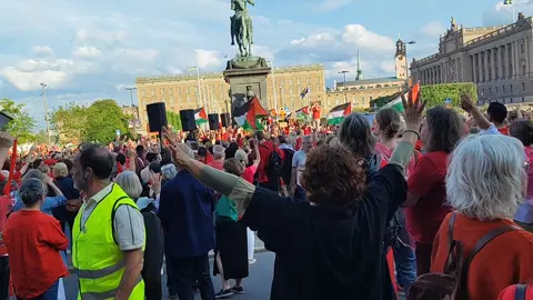 A corner of  of protesters in support of the Palestinian people in Stockholm today, Tuesday, June 17, wearing red T-shirts to symbolize crossing the red line of genocide in Gaza. At the invitation of thirty Swedish organizations. #freepalestine #GAZA