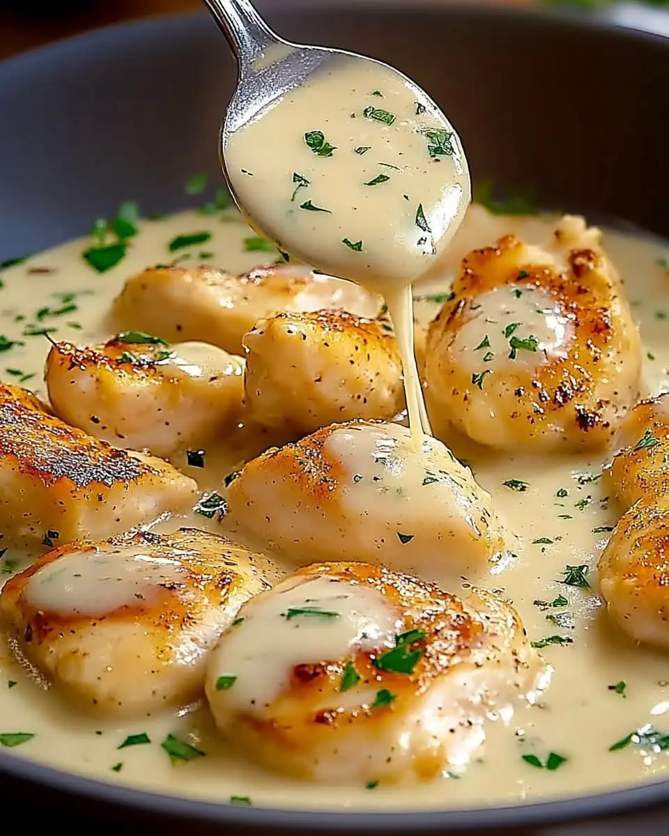 #Filets de Poulet à l’Ail et Crème 🧄❤️ Ingrédients 4 filets de poulet (environ 600 g) 2 gousses d’ail, hachées finement 1 oignon moyen, émincé 200 ml de crème fraîche épaisse 1 cuillère à café de moutarde (optionnelle) 2 cuillères à soupe d’huile d’olive 1 cuillère à soupe de beurre Sel, poivre Persil frais haché pour garnir (optionnel) Instructions Préchauffer une poêle à feu moyen. Chauffer l’huile et le beurre Ajouter les filets, saler et poivrer, et les cuire 4–5 minutes de chaque côté jusqu’à coloration dorée Retirer les filets et les réserver au chaud Dans la même poêle, ajouter l’oignon et l’ail, cuire 2–3 minutes jusqu’à ce qu’ils deviennent translucides Baisser le feu à doux, verser la crème et ajouter la moutarde, remuer pour lier et obtenir une consistance onctueuse Remettre les filets dans la sauce, pocher doucement 3–4 minutes pour qu’ils s’imprègnent des saveurs Goûter et rectifier l’assaisonnement si nécessaire Parsemer de persil frais avant de servir Temps de préparation : 10 min | Temps de cuisson : 15 min | Temps total : 25 min | Portions : 4