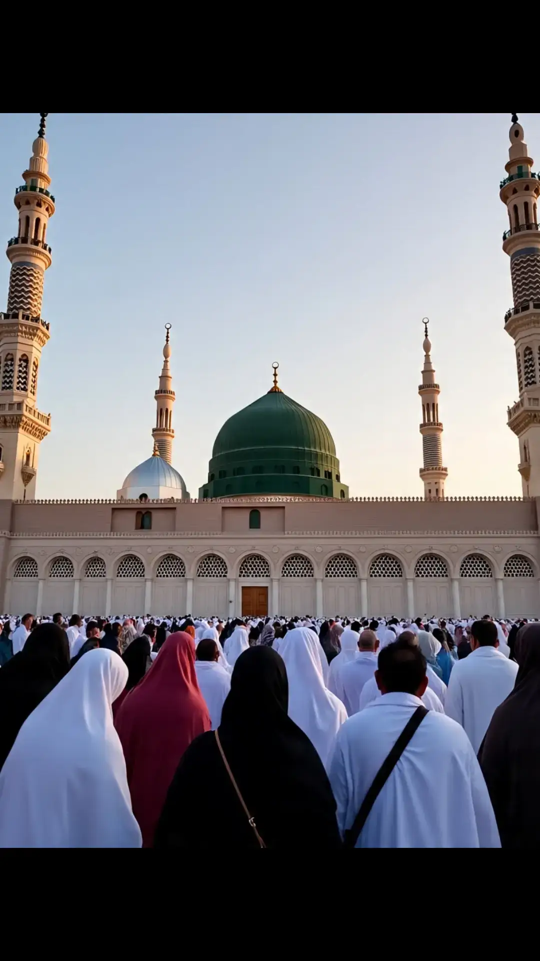 This image captures the majestic beauty of Masjid al-Nabawi, the Prophet's Mosque, located in the holy city of Madina. The iconic green dome marks the resting place of the Prophet Muhammad (PBUH). Surrounded by elegant minarets, the mosque's stunning architecture is illuminated under a clear blue sky. The expansive marble courtyard reflects the soft sunlight, creating a serene and spiritual atmosphere. Pilgrims are seen peacefully walking and praying, symbolizing the unity and devotion of Muslims from around the world. This sacred site is not only an architectural masterpiece but also a place of deep reverence and tranquility. #unfrezzmyaccount  #viral  #trading  #naatstatus  #mashallah  #foryou  #unfreez 