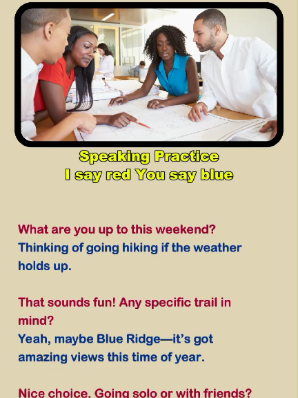 Speaking practice I say red you say blue. #conversation #learnenglish #english #speakingpractice #englishpractice #learnenglishdaily #dialogue 