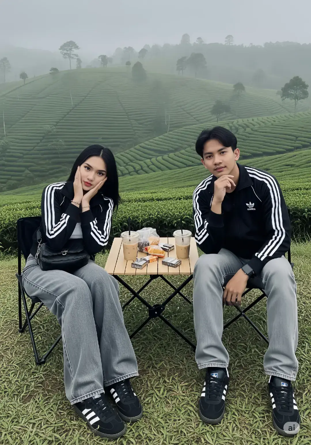 casual couple Jangan di geser yaaa😜👀 Izin post izintampill suhuu🙏🏻 @Davina Karamoy  Gemini Ai prompt: Membuat gambar Amatir Karakter: Seorang pria muda indonesia sekitar 20 tahun, tinggi badan sekitar 173cm, tubuh langsing ideal dengan bentuk wajah oval, kulit bersih dan cerah, gaya rambut coma hair two block hitam terurai belah tengah. Rambut bagian atas tebal dan lurus dengan volume alami, sedangkan bagian samping lebih tipis dan lebih rapi.*Wanita Sunda muda sangat cantik, bentuk wajah lonjong dengan, rambut hitam panjang belah tengah terurai dengan tubuh langsing ideal dan kulit putih, dada besar, tinggi 163cm, usia 23 tahun, *Pria memakai Jacket adidas Hitam , jam tangan pintar hitam, gelang hitam. Celana denim abu-abu pudar berpotongan lebar dan longgar dipadukan dengan sepatu Adidas Samba  warna hitam. *Wanita memakai pakaian sedada dengan pria yaitu Jacket adidas Hitam, menenteng tas kecil hitam polos dengan tali rantai di bahu. Celana cutbray warna abu-abu pudar berpotongan lebar dan longgar dipadukan dengan sepatu Adidas Samba warna hitam. Pose dan gaya: *Wanita dengan gaya manja, tangan damai dua jari Wajah menghadap kamera dengan ekspresi rileks dan sedikit tersenyum tersipu malu. *Pria dengan gaya tenang, tangan  dua jari di Wajah menghadap kamera dengan ekspresi gembira. Mereka duduk di kursi lipat dan terdapat meja piknik yang berisi 2 cangkir kopi hangat, rokok, makanan ringan kemasan Latar Belakang: Di atas bukit dengan pemandangan perkebunan teh yang luas khas kota Lembang Bandung dengan penuh kabut di sekelilingnya, suasana pagi agak gelap sekitar pukul 0800.: Teknik: Seluruh tubuh terlihat penuh dalam frame, buat hasil foto seperti difoto menggunakan kamera iPhone dan buat kulit tidak terlalu halus berpori-pori dan buat tingkat realisme sangat tinggi sehingga terlihat sangat nyata dengan mode tampilan kamera yang lebar, buat semuanya fokus termasuk latar belakang dan karakter, tidak ada bokeh, buat rasio vertikal 3:4 #davinakaramoy #fyp  #masukberandafyp #ai #OOTD #trend #foryouu #trending?song🔥 ##photography #editphoto #photography #xyczbca #viralpost #foryoupage #casual #casualoutfits ##ciwidey #bandung #chatgpt #vo2 #vo3 #prompt 