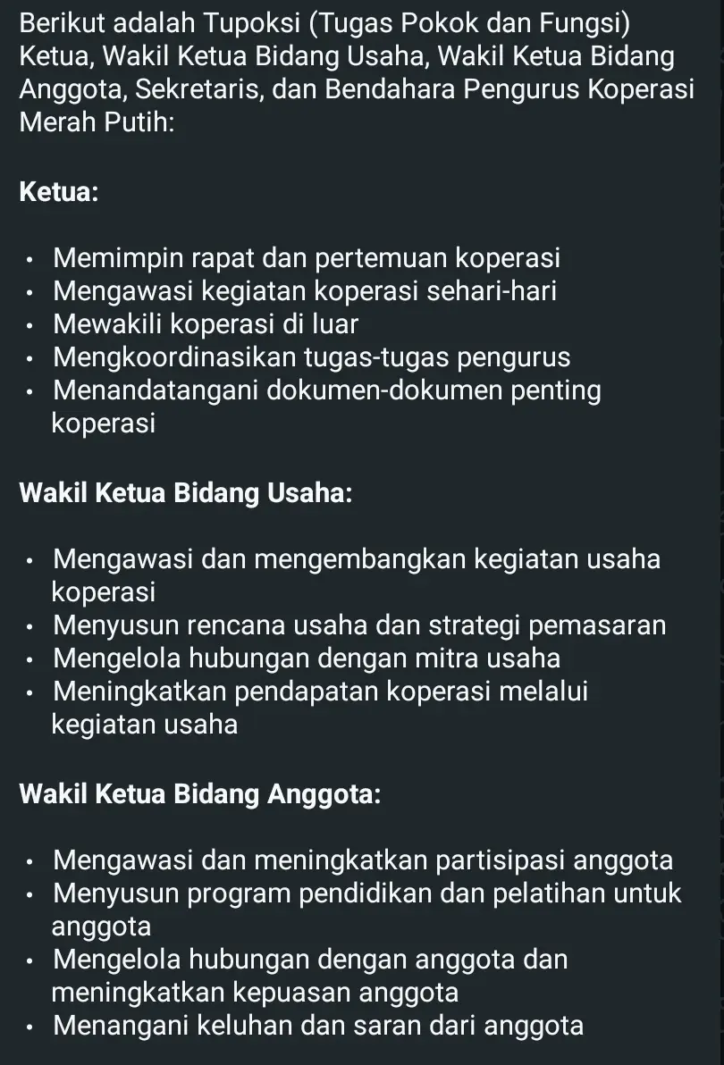 Tugas poko dan fungsi pengurus ( Ketua, sekertaris, Bendahara,wakabid. usaha dan wakabid. keanggotaan)