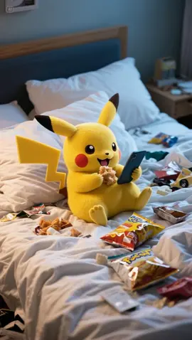 おつかれさま～ピカチュウだよ⚡ 今日もいっぱい働いて、やっとおうちに帰ってきたよ🏠 ふかふかのおふとんにゴロンってして、スマホ見ながら大好きなおやつタイム！📱🍟🍫 チップスにチキンに…もう止まらない～！ やっぱりおうちがいちばん落ち着くね💛 みんなも、今日もがんばったね！一緒にのんびりしよ～♪ #ピカチュウ #ポケモン #pikachu #ストレス解消 #pokemon #癒し #funny #癒やし 