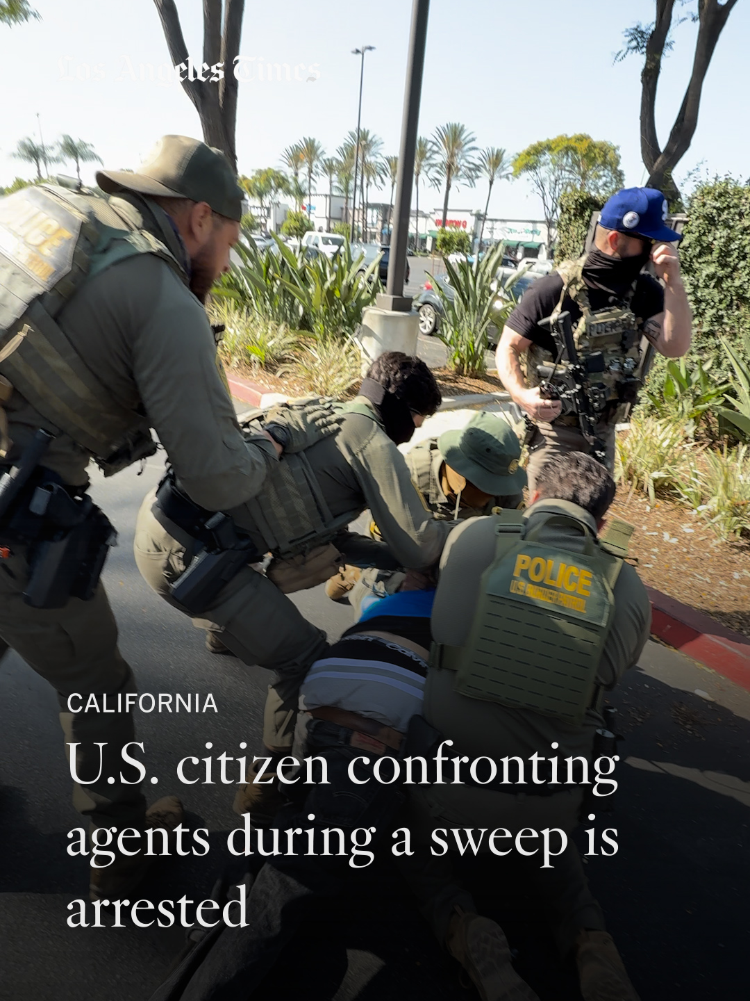U.S. citizen confronting agents during a sweep is arrested. A 20-year-old Walmart employee was returning from break on Tuesday when he saw Border Patrol trucks taking a maintenance worker in the parking lot, he jumped out of the car and wheeled the man’s trash can in front of the vehicle as other passersby gathered around the truck yelling, blaring their horns. Surveillance and other video captured at the scene and looped in social media feeds show an agent sprinting out of the truck and then pushing Adrian Martinez to the ground. He stands back up arguing and chaotic scuffle erupts. “What is he doing? He’s a f***king hard worker,” Martinez can be heard yelling as more armed agents arrive some in plain clothes, shoving him and forcibly arresting him.
