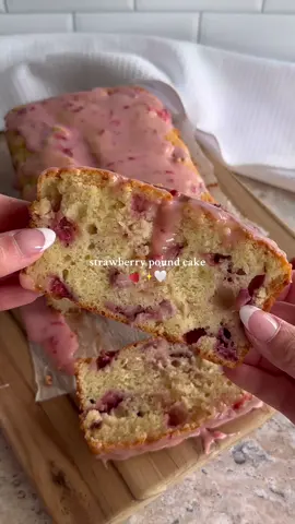 STRAWBERRY POUND CAKE 💖 topped with a two ingredient strawberry icing- full recipe below! #healthyrecipes #EasyRecipe #healthydessert #dessert #poundcake  WHAT YOU NEED! For the pound cake: 1 cup greek yogurt  1 cup granulated sugar  3 large eggs 1/2 cup butter, melted  2 tsp almond extract  1 1/2 cups gluten-free all purpose flour  2 tsp baking powder  1/4 tsp salt  1 cup strawberries, diced  For the strawberry glaze: 1 cup powdered sugar  3-4 strawberries, mashed TO DO’s! —In a large bowl, combine your Greek yogurt, sugar, eggs, melted butter, & almond extract. Mix well.  —Add your sifted flour, baking powder, & salt to the batter, mixing well. Fold in your diced strawberries.  —Pour batter into a parchment paper lined 9x5 loaf tin. Bake @ 350 degrees for roughly 50 minutes, or until a toothpick inserted comes out clean. *LOOSELY cover with a piece of tinfoil for the last ~20 minutes to prevent burning. Remove loaf & let cool.  —Prepare the strawberry glaze by mashing your strawberries into a small bowl until there is primarily juice and minimal solid strawberries left. Mix strawberry juice with powdered sugar until a thick glaze has formed, then pour over top of cake. Slice & enjoy!