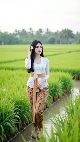 Wanita cantik, berkebaya, menikmati suasana pagi di persawahan yang hijau #AI #aivideo #AIartwork #AIgenerated #IndonesiaThroughAI #WanitaCantik #CulturalBeauty #Kebaya #BajuDaerah #CulturalHeritage 