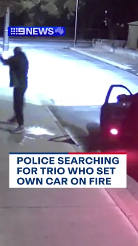 Police are searching for three suspects who are likely to have suffered serious burns after setting their own car on fire in Solomontown in South Australia. 
 CCTV footage shows two people wearing black hoodies and pants get out of a car on Young Street just after midnight on Monday and splash accelerant at the front of a nearby home. #9News 