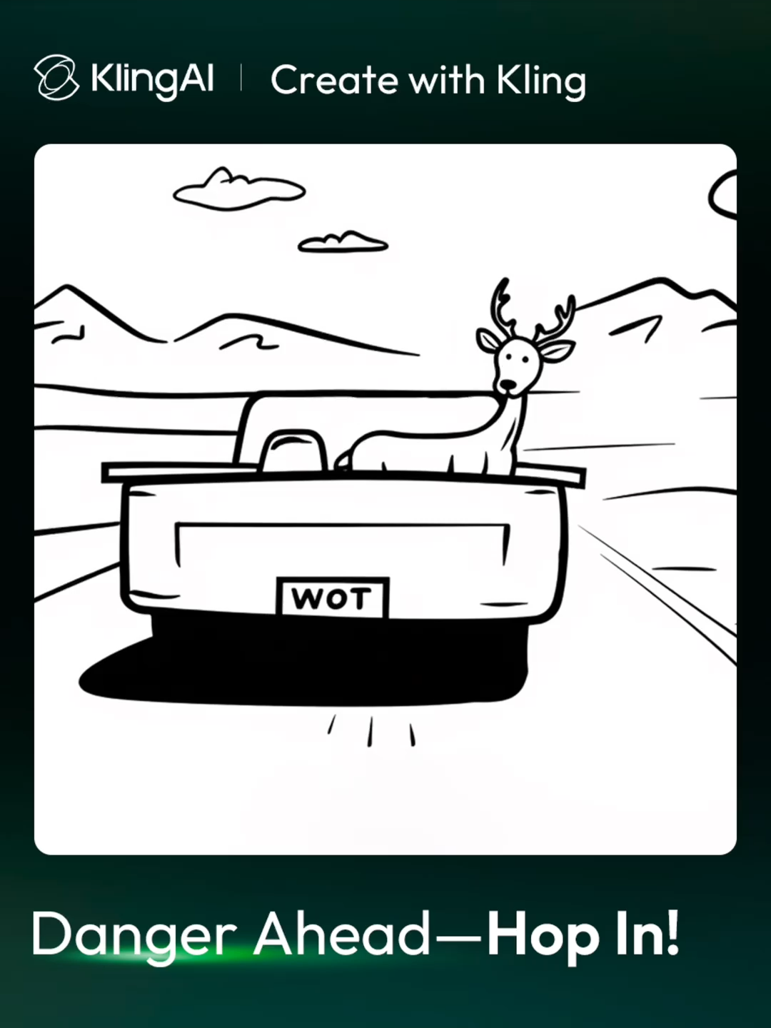 ⚠️Caution: Free Ride Ahead When the wind takes you somewhere unexpected... and this deer decides it’s time for a road trip 🦌🚗💨 #klingai #roadtrip #HopIn