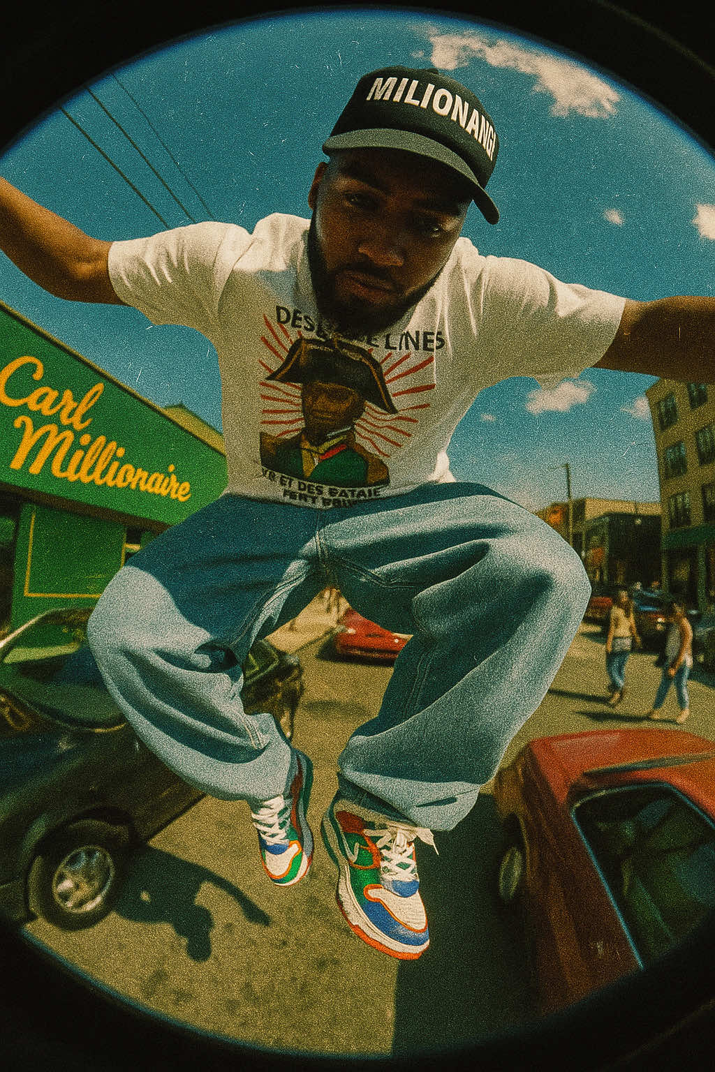 Step 1 : Open ChatGPT 4o. Step 2 : upload your photo. Step 3 : write the prompt. PROMPT: Surreal Y2K-style action shot of me mid-air in a dramatic leap, overhead fisheye view. He wears a vintage graphic tee, baggy jeans with a chain, and chunky sneakers. stylized city blur below with retro cars and pedestrians. Bright daylight, high contrast, grainy like + a 2001 skate game frame. #creatorsearchinsights 