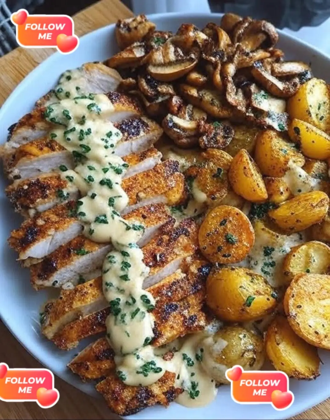 Double Parmesan Garlic Chicken Alfredo with Crispy Potatoes & Creamy Truffle Mushroom Pesto Ingredients: 2 chicken breasts, sliced 2 cups baby potatoes, halved 2 tbsp olive oil 1 tsp garlic powder Salt and pepper 2 cups heavy cream 1/2 cup grated Parmesan 1/2 cup shredded Parmesan 3 cloves garlic, minced 1/4 cup truffle mushroom pesto 8 oz (225g) fettuccine Fresh parsley, chopped Directions: Preheat oven to 400°F (200°C). Toss baby potatoes with olive oil, garlic powder, salt, and pepper. Roast for 25–30 minutes until crispy. Cook pasta according to package directions; drain and set aside. In a skillet, cook chicken in a bit of oil until browned and cooked through. Set aside. In the same skillet, sauté garlic in butter until fragrant. Add cream and bring to a simmer. Stir in both types of Parmesan and truffle pesto. Simmer until thickened. Add pasta and chicken to the sauce, tossing to coat. Serve with roasted potatoes and sprinkle parsley on top. Notes: Use store-bought pesto or homemade for richer flavor.