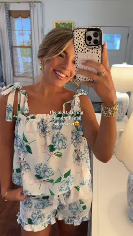 Just went on sale for less than $20!! Getting these for my TSITP watch party!🤭💐 The CUTEST and comfiest PJ set!😍 Wearing my true size M! #tsitp #grandmillenial #grandmillenialfashion #coastalchic #coastalgrandmother #hydrangeas ##pjset##pajamas##affordablefashion