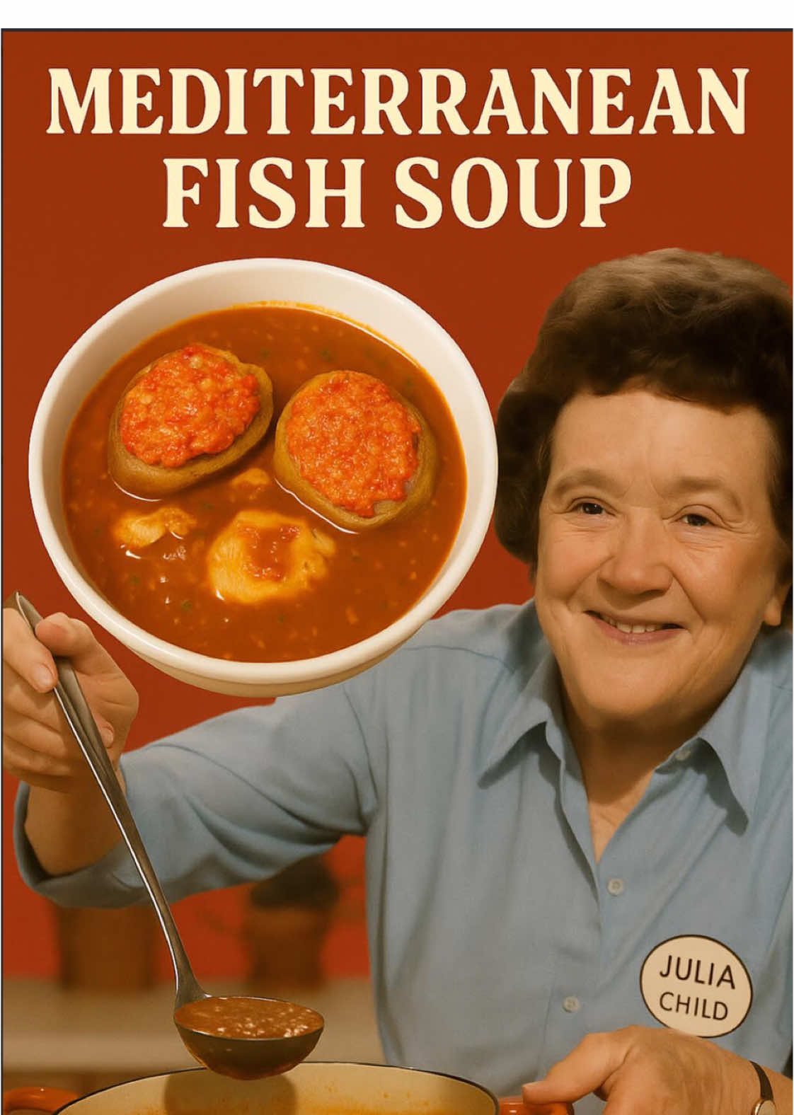 🍅🐟 Today’s vintage delight comes straight from Julia Child’s own kitchen… In this charming episode, Julia prepares a rustic Mediterranean Fish Soup — a tomato-rich, herb-laced broth that captures the sun-soaked flavors of the French coast. She finishes it the classic way: with rounds of toasted French bread, generously smeared with her signature garlic-pepper rouille, floating like little flavor rafts in a sea of saffron-hued soup. And just before serving? Tender pieces of poached fish slipped gently into the pot, making this a dish that’s as elegant as it is soul-warming. ✨It’s French, it’s fresh, and it’s fantastically vintage.✨ Bon appétit! #JuliaChild #VintageRecipes #FrenchCooking #MediterraneanSoup #TomatoFishSoup #Rouille #ClassicFrench #HomeCooking #RetroCooking #VintageCookbook #TikTokChef #SoupsAndSalads #GarlicBreadMagic #CookWithJulia #OldSchoolFlavors