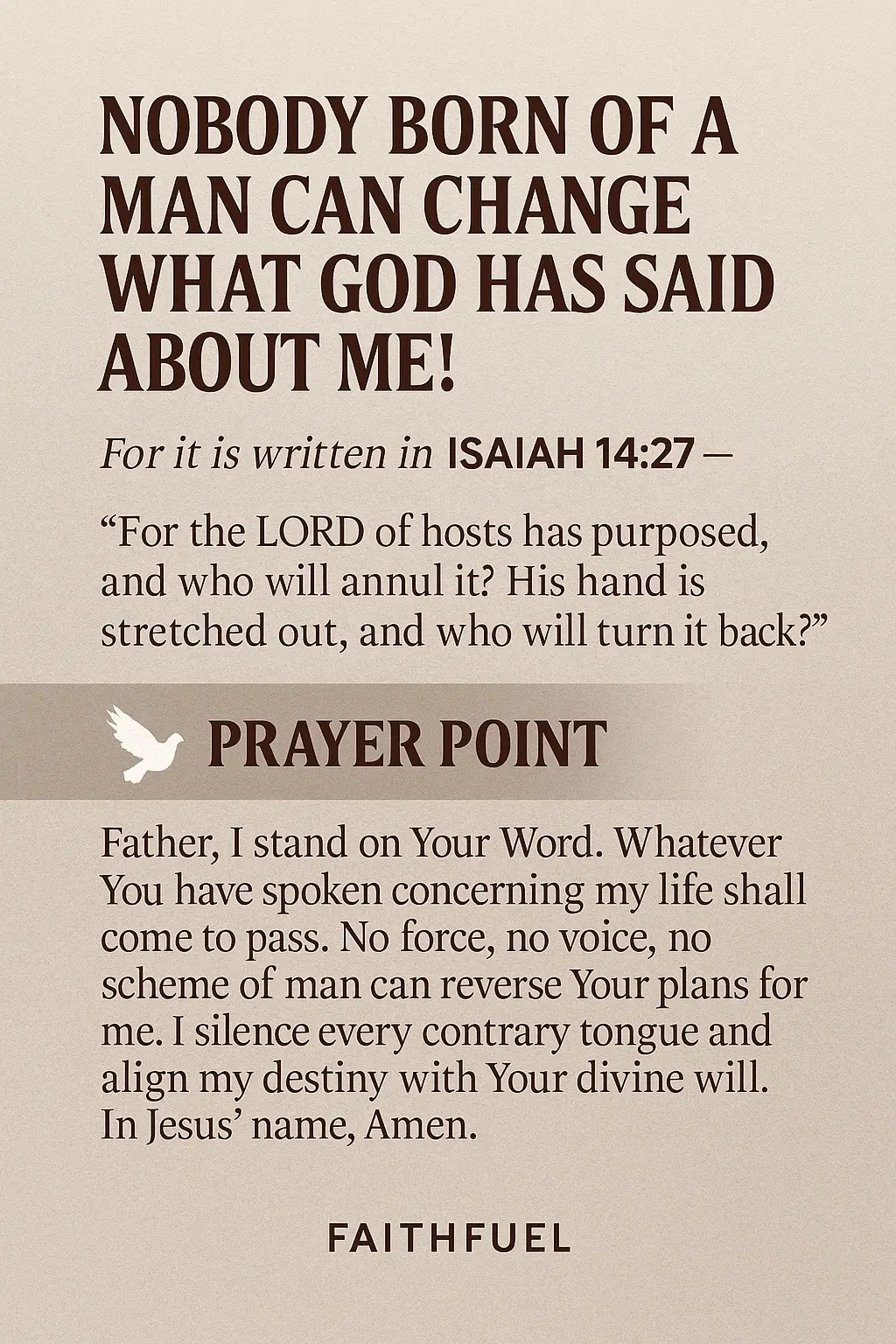 🕊️ Declaration: Nobody born of a man can change what God has said about me! For it is written in Isaiah 14:27 — “For the Lord of hosts has purposed, and who will annul it? His hand is stretched out, and who will turn it back?” 🙏🏽 Prayer Point: Father, I stand on Your Word. Whatever You have spoken concerning my life shall come to pass. No force, no voice, no scheme of man can reverse Your plans for me. I silence every contrary tongue and align my destiny with Your divine will. In Jesus’ name, Amen. #GodThatStays   #FaithOverFear   #ChristianTikTok   #HeNeverLeaves   #JesusMyRock   #SpiritualEncouragement   #FaithTalk   #PrayerAndWordHut   #TikTokMinistry   #GodIsFaithful   #HealingInHisPresence  