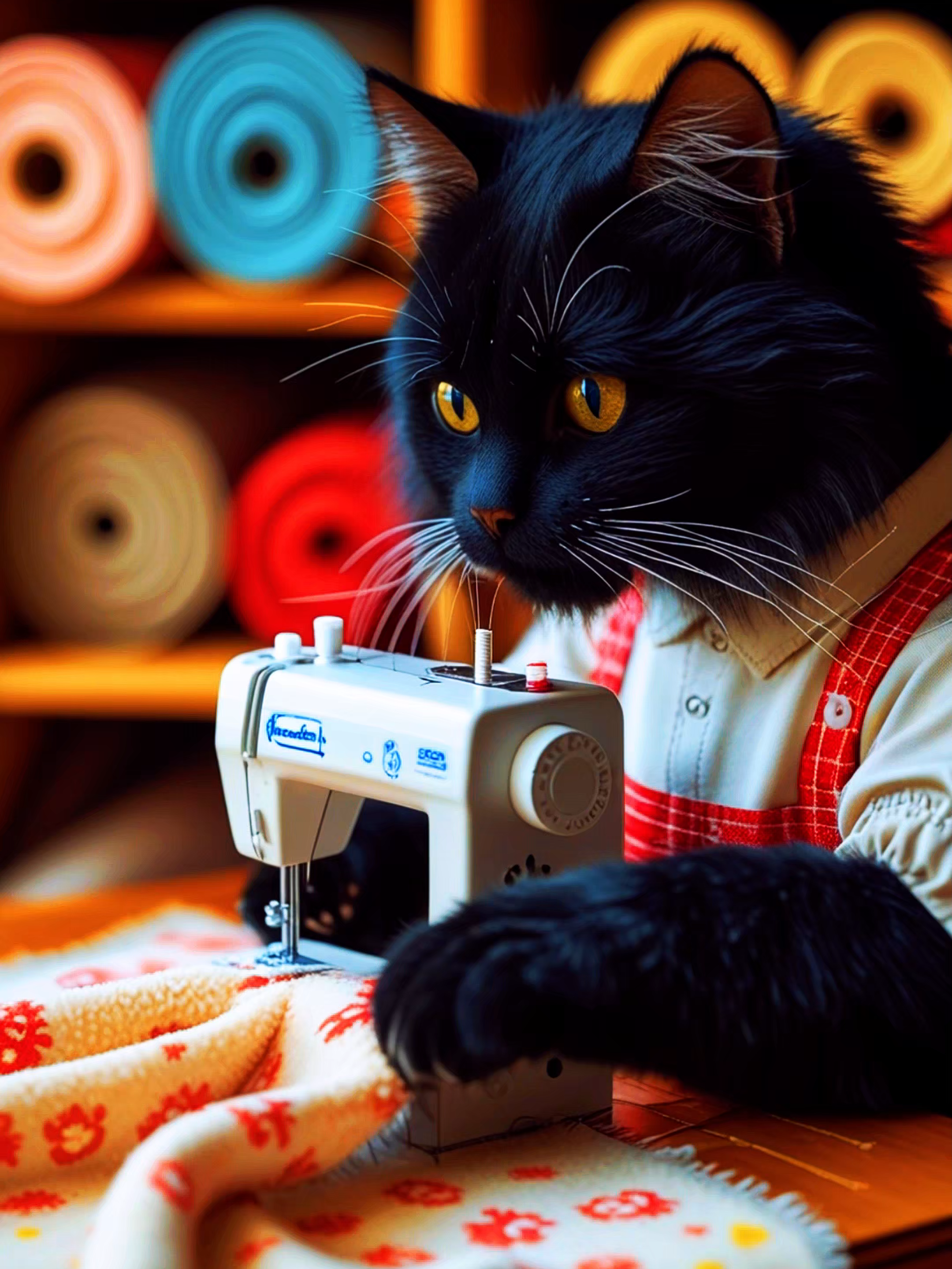A Black furred cat wearing clothes sewing a small blanket on a miniature sewing machine, #4kwallpaper #livewallpaper #wallpapers #wallpaper #foryouu #kitten