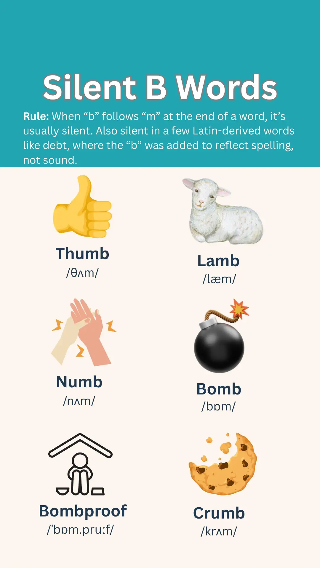 Silent ‘B’ words — it’s not pronounced, even though it’s written. #esl #improveenglish #englishtips #englishvocabulary #silentletters #learnenglish 