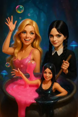 Barbie Girl & Wednesday They cook asmr food in a cauldron full of slime #barbie #wednesday #slime