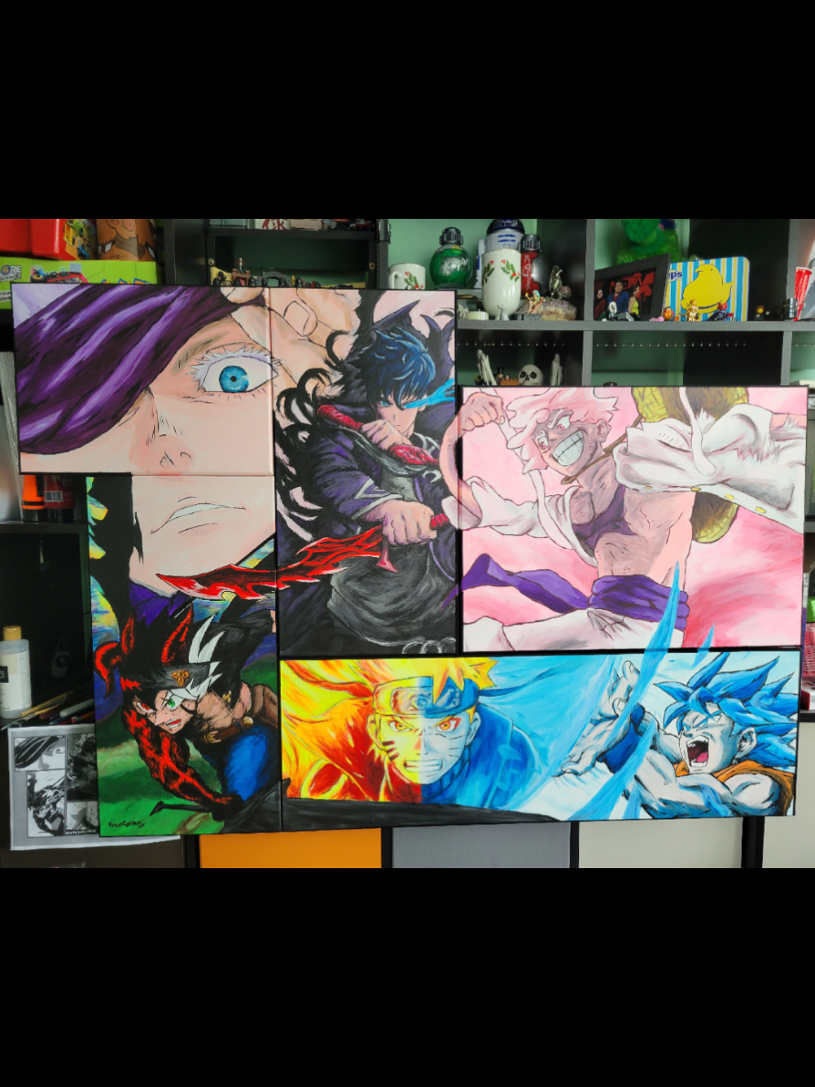Multi panel anime commission painting complete. #animeart #anime #dragonball #dbz #naruto #painting #fanart #blackclover #sololevelling #jujutsukaisen 