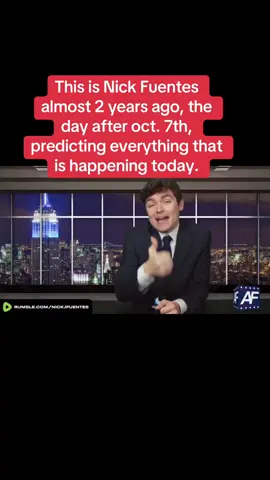 This is Nick Fuentes almost 2 years ago, the day after oct. 7th, predicting everything that is happening today. When you can predict the future with this level of accuracy, it tells you that his understanding and model of politics is true.  #gaza #israel #fyp #islam #intifada #trtworld #ummah #muslim #iran #prayforiran #prayforgaza #foryoupage #peace #palestine #mosque #alaqsa #apartheid #jerusalem #usa #un #unitedkingdom #children #turkiye #europe #middleeast #arab #war #hebron #warcrime #genocide #cnn #foxnews #aljazeera #freepalestine #lowkey #prayforpalestine #dubai #lebanon #syria #skynews #trending #trump #elonmusk #britain #UK #freeworld #freedom