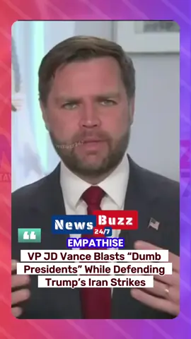 On NBC’s Meet the Press, U.S. Vice President J.D. Vance strongly defended the recent military strikes on Iran’s nuclear sites, framing them as “precise,” “strategic,” and “nothing like the clueless wars of the past.” He emphasized that Americans are tired of decades-long conflicts in the Middle East. Vance did not hold back, contrasting current leadership with his view of previous administrations: “I certainly empathize with Americans who are exhausted after 25 years of foreign entanglements in the Middle East… But the difference is that back then we had a dumb president.”      He added that the U.S. is “at war with Iran’s nuclear program, not with Iran” and promised readiness for Iran’s responses, while warning that Iran targeting U.S. forces or closing routes like the Strait of Hormuz “would be the stupidest thing in the world.”   The bold statements—praising Trump’s military strategy and condemning previous presidents—come amid a growing rift within his own MAGA base, as some question foreign policy direction.   ⸻ 🗣️ Your Take: Is Vance’s critique of past presidents fair, or just political rhetoric? 👇 Let us know below & follow @NewsBuzz247 for continued coverage. ⸻ #JDVan#JDVanceT#MeetThePressP#DumbPresidentsi#ForeignPolicy #MAGAB#NewsBuzz247l#USPoliticsl#MiddleEastWar##NBCk#BreakingNewso#Geopoliticsi#StraitOfHormuzP#WireProgramc#USVicePresident #fyfTo#TikTokNewse#VanceSpeaksba#GlobalSecurity