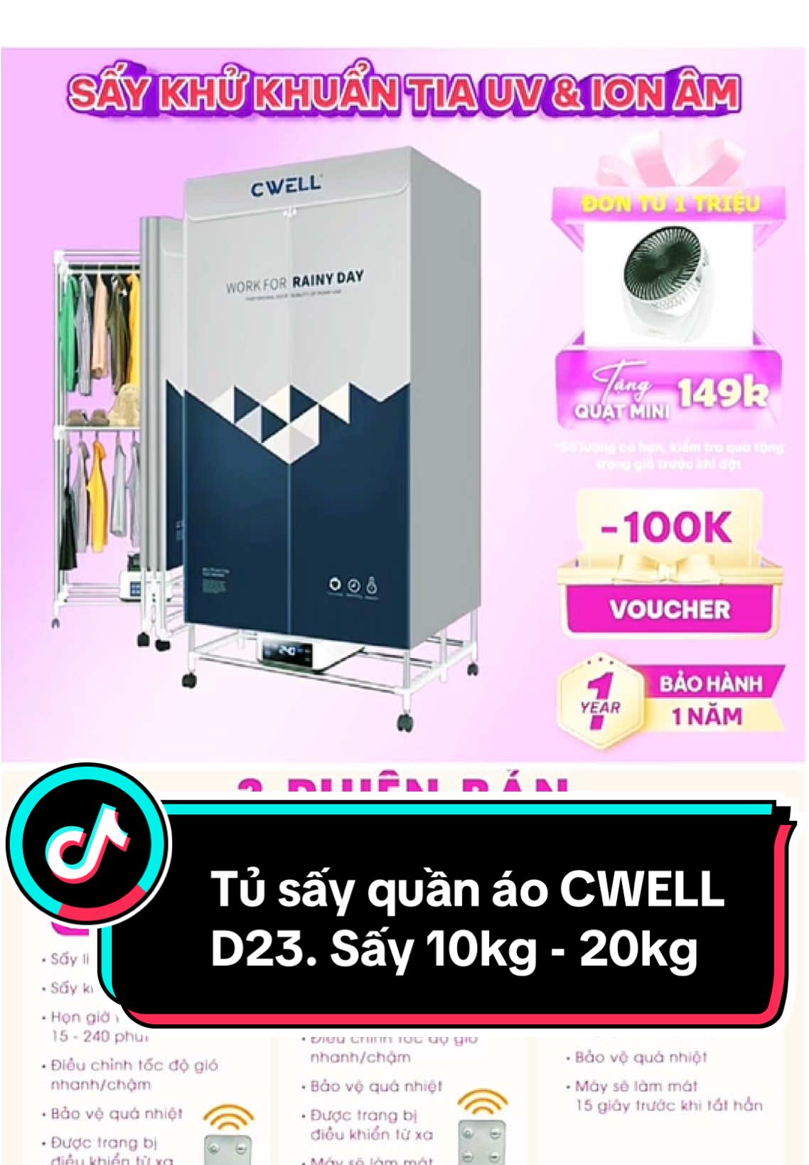 Tủ sấy quần áo CWELL D23 gấp gọn. Sấy khô từ 10kg - 20kg quần áo. Khử khuẩn và diệt khuẩn #xuhuong #thinhhanh #viral #giadungviet #giadungviet83866 #giatsay #maysayquanao #tusayquanao #tusayquanaocwell 