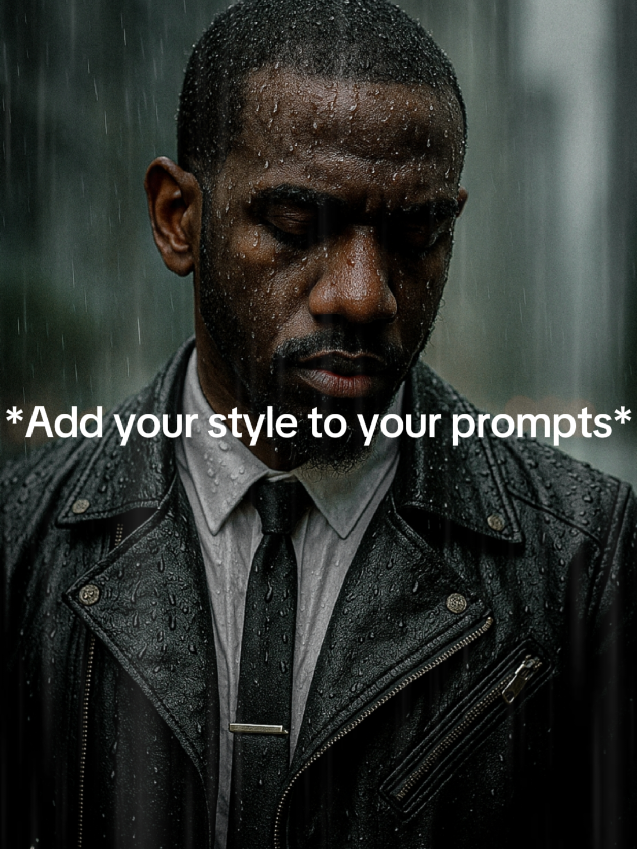 -open chatgpt- -upload desired selfie- add descriptive prompt: Create a hyper-realistic, high-resolution portrait of me on a rainy day. The scene is moody and cinematic with overcast lighting. My face is shown in a close-up, head slightly tilting down. I am wearing a black leather biker jacket, white button up shirt, and a skinny black tie with a silver tie clip, all appearing soaking wet from the rain— and should be rendered closely to my original selfie: light smoothing, light retouching. Preserve most natural details of my facial features, skin texture, and expression with full authenticity. Key Details: •	Water droplets are visible on my face and hair, some catching the soft ambient light. •	My hair, beard hair, and skin appear realistically wet, with tiny streams of rainwater subtly running down. •	The background is softly blurred — perhaps city buildings, umbrellas, or foggy glass — reinforcing the rainy atmosphere without distracting from the subject. •	Lighting is soft and diffused, with natural shadows and highlights from the raincloud-filtered light. •	My expression is calm, introspective, or intense — like I’m lost in thought or embracing the rain. •	No makeup or artificial enhancements — raw, emotional realism. •	Format: Vertical 9:16 or horizontal 3:2, ultra-sharp focus on the face. Overall Mood: A poetic moment in the rain — cinematic, emotional, and deeply human. #chatgpt #photoediting #aiphoto #aiprompt #aiphotography #aimagic  #styleinspiration #mensfashion 