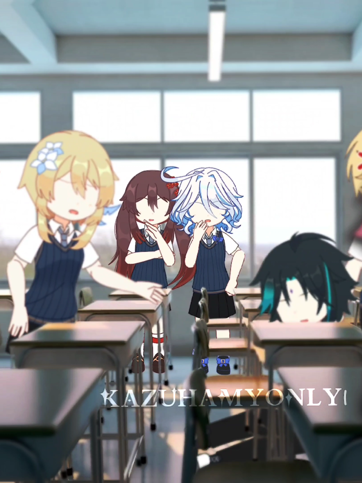 Story The class wasn’t focused on studying anymore- but that didn’t mean it was peaceful either Chaos That’s the only word that could describe the situation right now. “I WANNA GO GET SNACKS TOO WTF WAIT FOR MEEE!!” Venti shouted while sprinting between the desks Heizou leaned back on his desk, scrolling on his phone like he had all the time in the world. Probably looking up some new K-pop girl group or something🫦 Meanwhile, Kazuha sat calmly by the window. Peaceful. Untouchable. The world no longer existed once he reached page 97 of his novel And on the other side of the classroom… “What are you even doing here?” Aether muttered lazily as Xiao walked up to him and Lumine mid-convo. “I need something from your sister. Just giving her back my book” Xiao answered flatly. But Aether already knew. He knew exactly what Xiao was planning to do once he got Lumine alone. “Pretty sure I’m the one who needs to talk to you, dumbass” Aether grabbed Xiao by the back of his collar and dragged him out of the class while Lumine panicked and tried to stop them. Meanwhile, in the corner of the classroom, two girls leaned against the windowsill watching the chaos unfold like it was their favorite drama “Furina, did you hear about Childe? When he ended up in the nurse's office… they said he got poisoned by his own water bottle” “WHAT? His own water?? Did he, like, poison himself or what?! Karma hits fast for flirty guys, huh?” Furina giggled “Not that surprising tbh. I saw his bottle earlier, and the cap looked kinda off. And guess who always hangs around the basketball club?” Hu Tao looked over at Xiao meaningfully “OH… MY… ARCHONS... But we don’t have solid proof though… and Xiao’s not the only one lurking around there” Furina shrugged with a sigh. They bumped shoulders from excitement, giggling like they were gonna explode. But it wasn’t over yet Furina leaned in with sparkly eyes. “Wait, wait, wait-did you hear about Wanderer?” Hu Tao gasped, already amused. “What now?” “He got caught smoking IN CLASS. Even after the teacher told him not to. But that dude just sat there like he couldn’t hear anything. Honestly… someone should’ve left him with his first mom” Hu Tao snorted, “He just wants to be babied by mommy number two