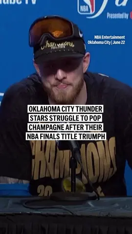 The Oklahoma City Thunder team may have won the NBA Finals, but popping champagne proved trickier than expected. Isaiah Hartenstein says most of the team turned to Alex Caruso — and YouTube — for help. #okcthunder #nbafinals #isaiahhartenstein