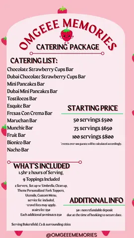 I get it, price matters! But with me, you’re paying for fresh, tasty snacks and a hassle-free setup that makes your party stress-free and fun. My prices reflect the quality of ingredients, personalized service, and the fun experience I bring to every event. I always aim to provide great value that makes your celebration extra special. 🎉 🎉 Snack carts ready to bring the fun and flavor to Bakersfield, CA and Kern County! 🌟 Check out our packages and prices designed to fit your event and budget perfectly. DM me for more info or to book your date! 🍓🥞🍫🌽 . . #fyp #fy #catering #snackideas #snackcart #snackcartideas #party #bakersfield #kerncounty #businessowner #smallbusinesscheck #partybar #snackbar #snackbarcart #661bakersfield #foryoupage #fypシ゚viral 