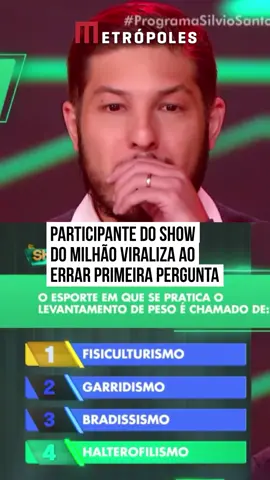 Durante o #ShowdoMilhão desse domingo (22/6), um participante acabou viralizando nas #redessociais ao errar a primeira pergunta do programa. Na ocasião, a apresentadora Patrícia Abravanel leu a questão sobre como é chamado o esporte que se pratica o levantamento de peso. Lucas acabou respondendo que era o #fisiculturismo, errando a resposta e virando piada entre os internautas. Antes de errar, Lucas também já havia pulado a pergunta sobre quem seriam os integrantes do grupo #ÉoTchan. Nas redes sociais, o momento rapidamente ganhou repercussão: 