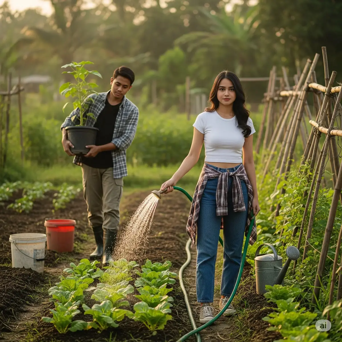 a sunny day for harvesting in the garden.   #chatgpt #geminiai #aigenerated #fyp #garden #couple #trending 