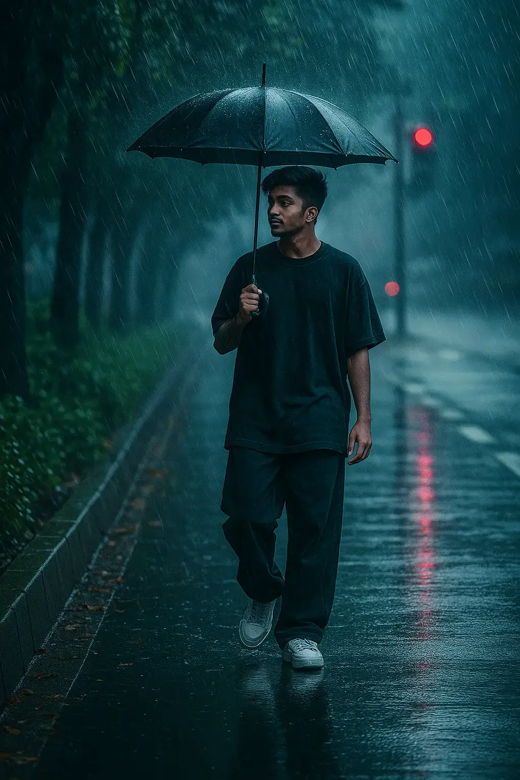 Wearing an oversized black t-shirt baggy Pants snekers using an umbrella on the sidewalk about to cross the road at a red light many trees, beside the sidewalk Heavy rain