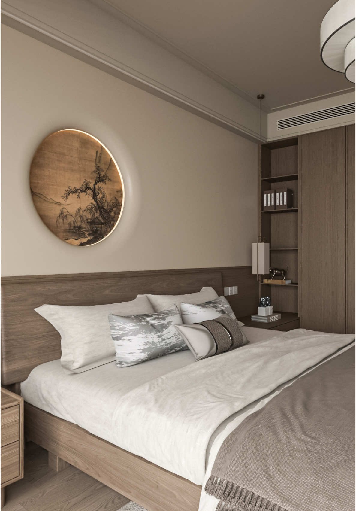 A calming bedroom starts with intentional design choices. This space blends softness, structure, and subtle contrast to create a grounded, restful retreat 💤 🛏️ Here’s why this works: • Monochrome layers: Varying shades of beige and taupe create depth without visual noise • Balanced symmetry: Matching nightstands and lighting ground the bed beautifully • Texture play: From the plush rug to the sleek pendant, this room feels inviting but elevated • Statement art: The circular backlit piece adds a warm focal point above the bed • Minimal styling: Less clutter, more calm — every object is intentional #InteriorDesign #ModernBedroom #NeutralInteriors #JapandiStyle #ChiqueNestDesigns