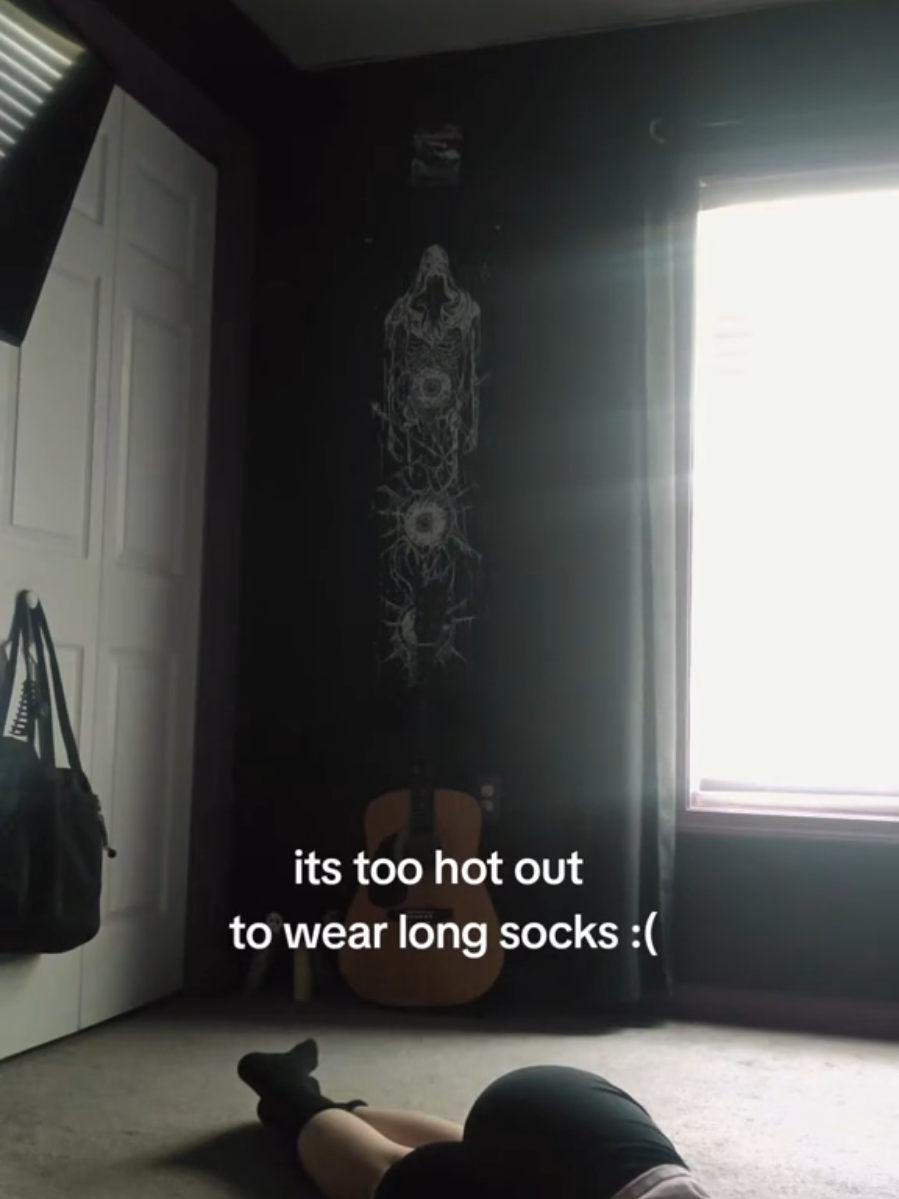 peep my cat laying next to me too (WHY TF DOES IT FEEL LIKE 107 OUTSIDEEEEE) #fyp #relatable #garters #thighhighs #trend #trending #egirl #egirlfashion #altgirl #alternative #gothgirl #goth #metalhead 
